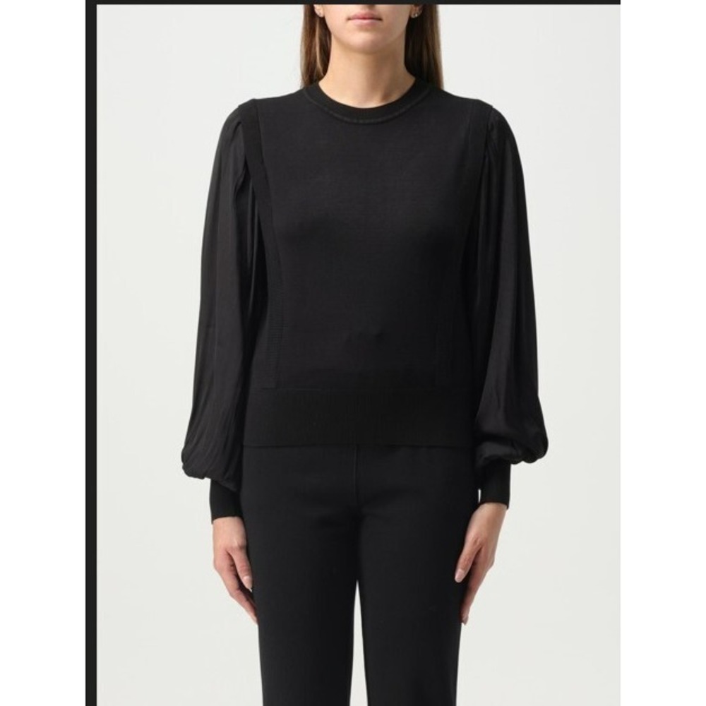 TWINSET BLACK SWEATER MIXED MEDIA LONG BALLOON SLEEVE JUMPER JACQUARD FABRIC XS